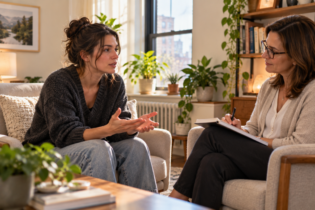 Person sitting in a bright office talking with a counselor who listens attentively.