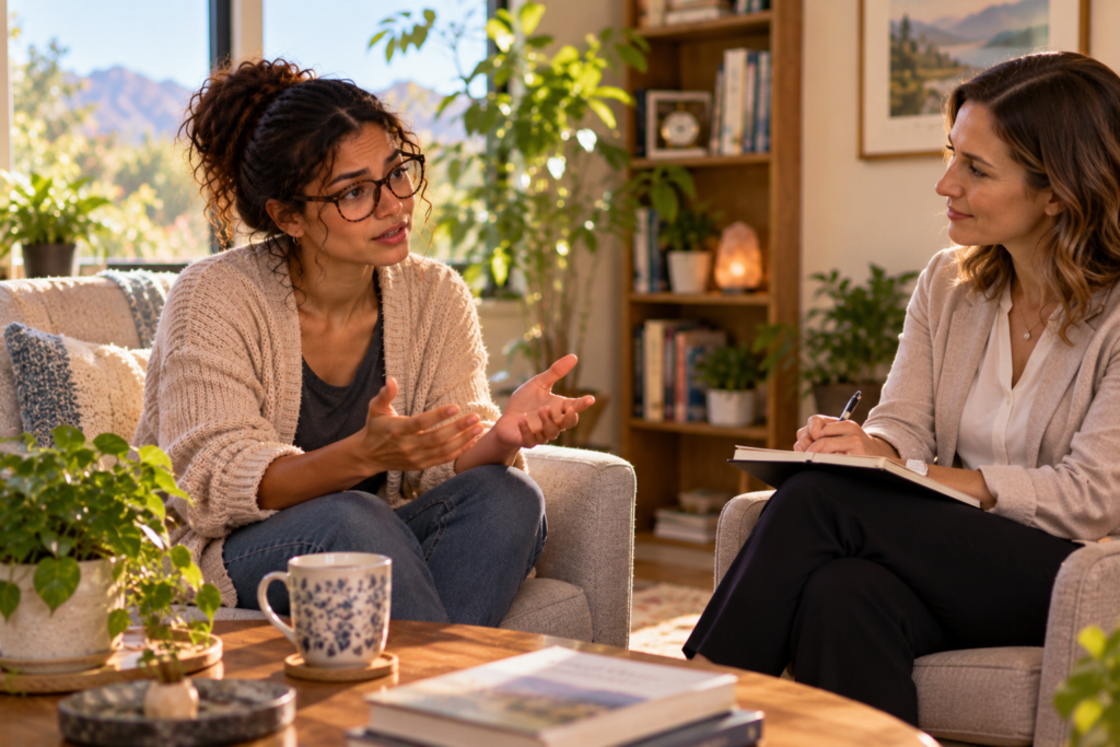 Person sitting in a bright office talking with a counselor who listens with a warm, attentive expression.