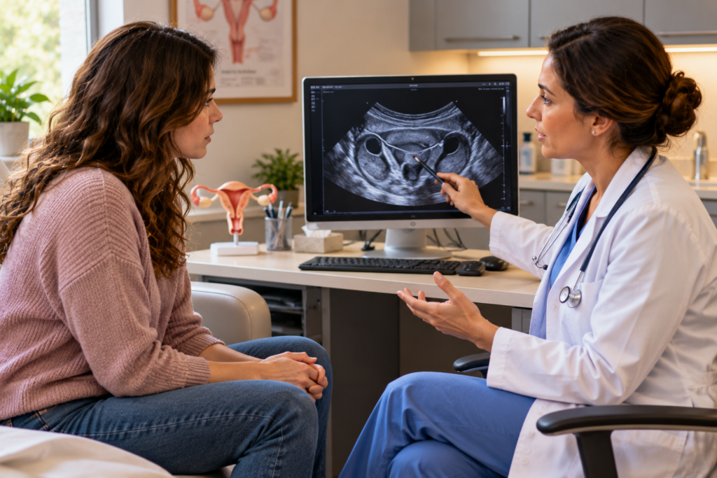 Person sitting in a medical office talking with a gynecologist who is reviewing a pelvic ultrasound on a screen.