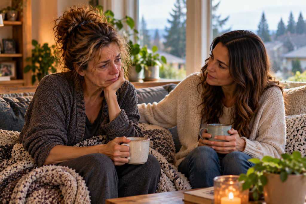 Person sitting on a couch with a close friend, talking openly over cups of tea.
