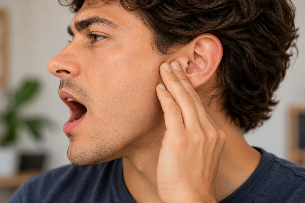 Person placing fingertips just in front of the ear while slowly opening their mouth, feeling the jaw joint move.