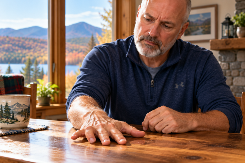 Person resting a hand on a wooden table, with the ring and little fingers bent and unable to lie flat.