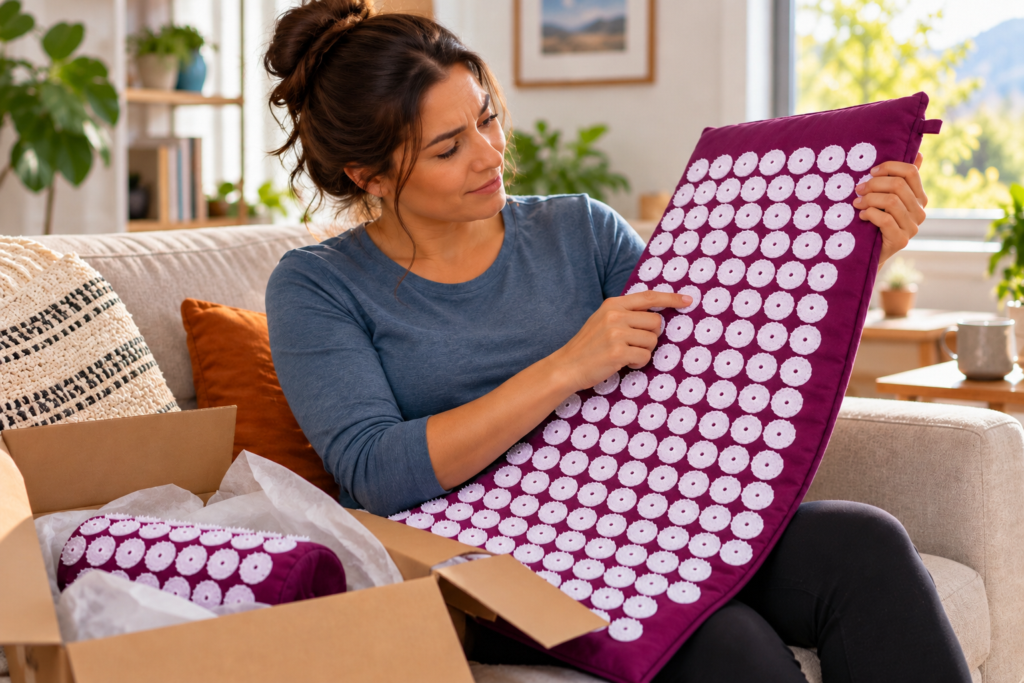 Person sitting on a couch, holding up a new acupressure mat and examining the plastic spikes with a curious expression.