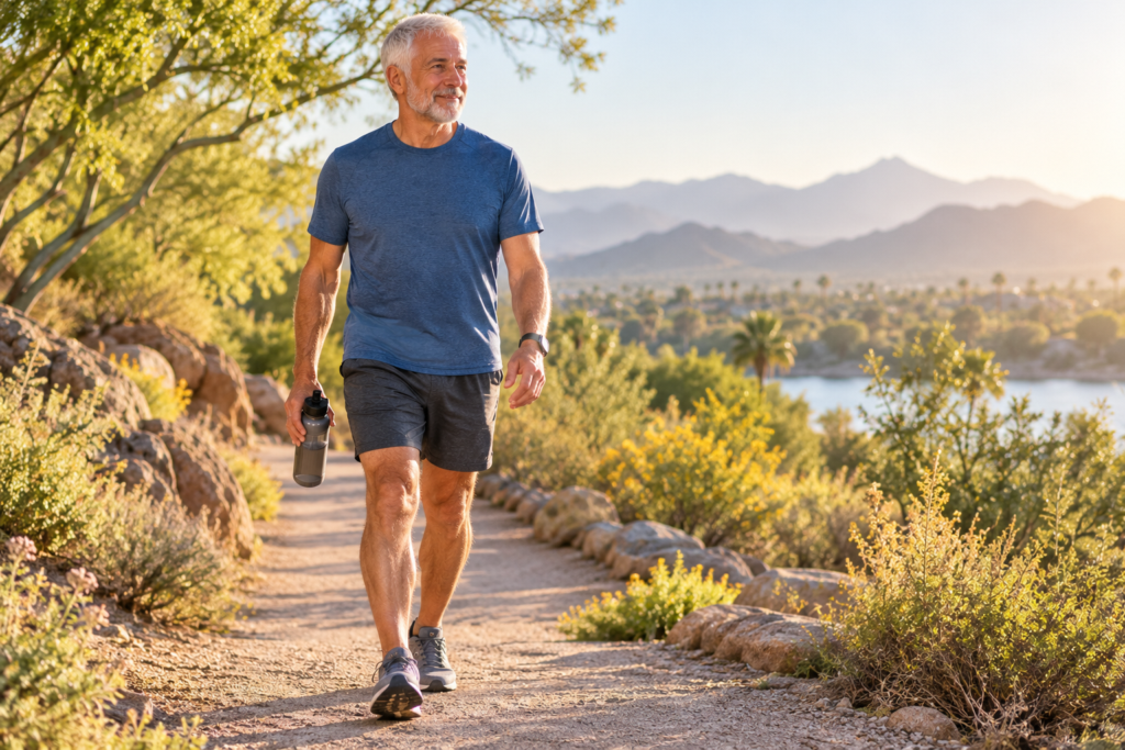 Smiling person walking comfortably along a quiet trail in the morning light.