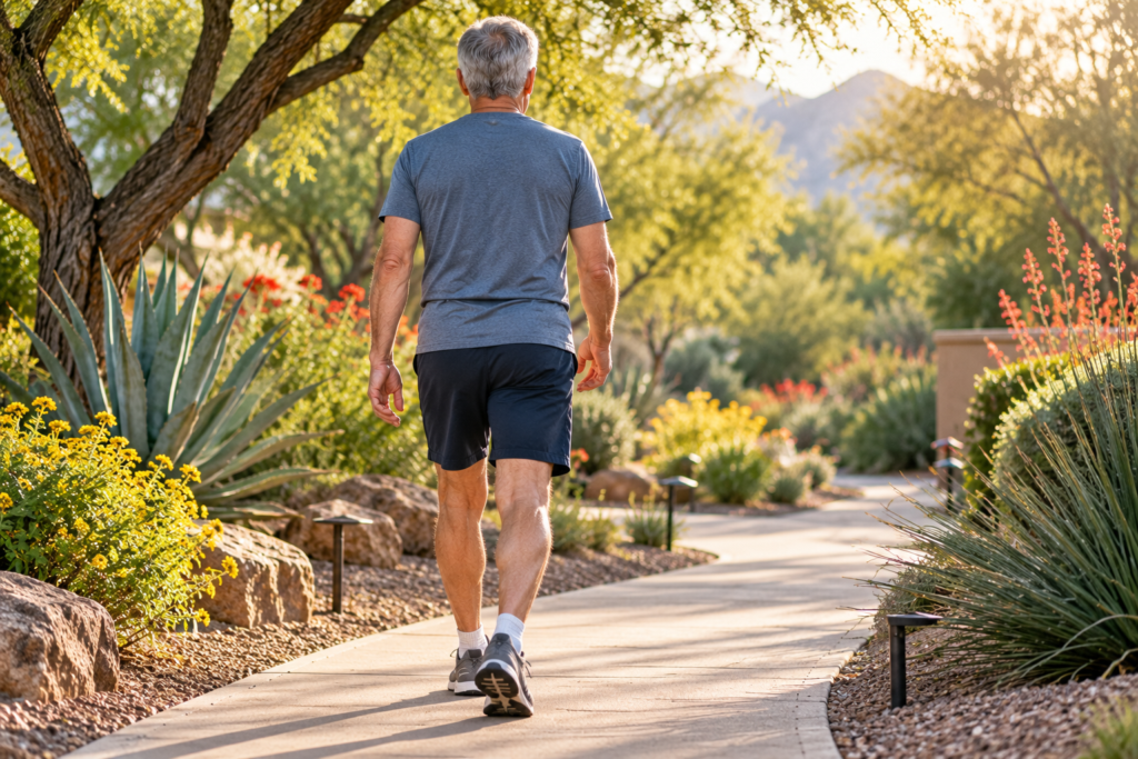 Person walking steadily on a garden path in the morning, standing tall and moving with confidence.