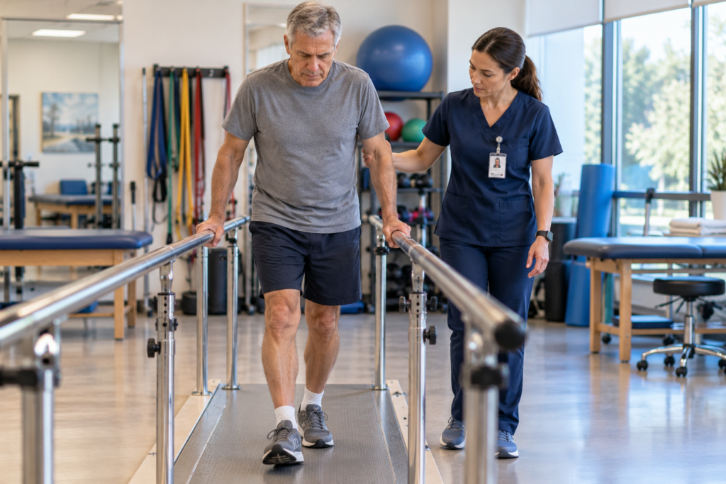 Person walking slowly in a rehabilitation gym with a physical therapist walking alongside.