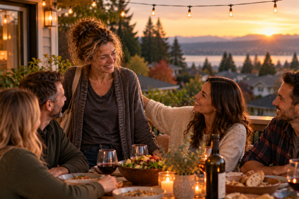Person smiling as friends make room for them at an outdoor table at sunset.