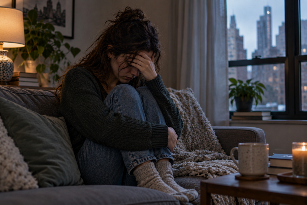 Person sitting curled on a couch with knees drawn up, face partly hidden behind one hand.