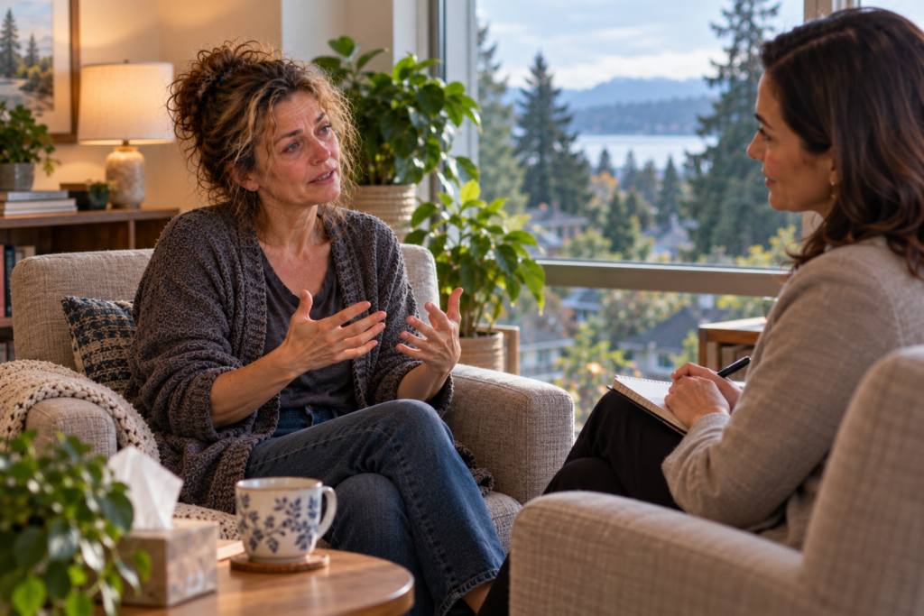 Person sitting in a bright office talking with a therapist who listens with a warm expression.