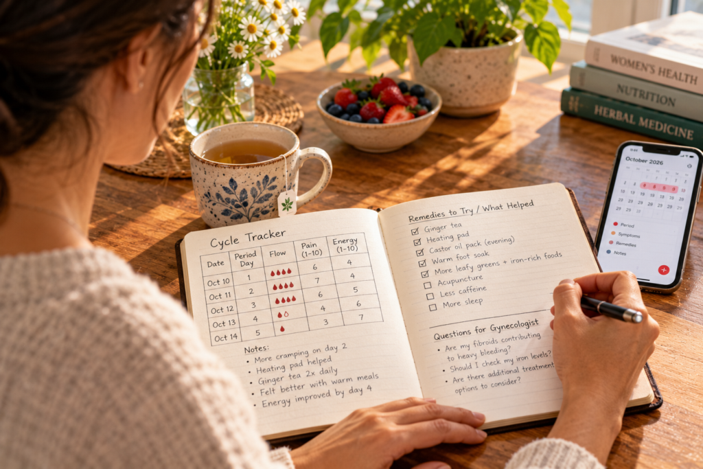 Person sitting at a table writing in a notebook with a simple chart of period days, pain levels, and energy.