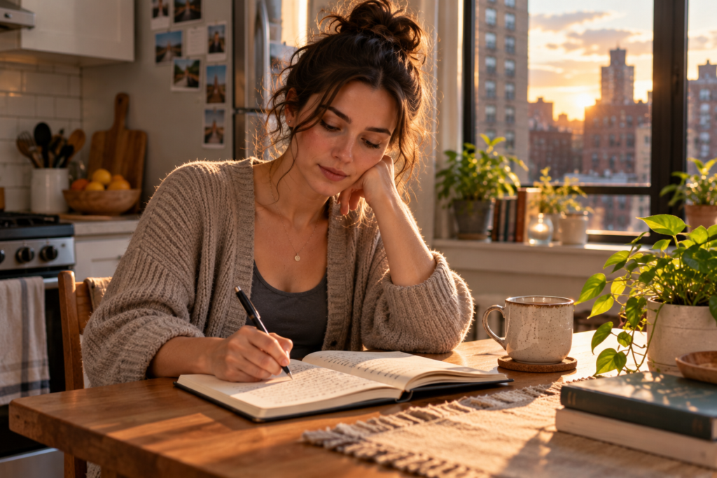 Person sitting at a sunlit kitchen table writing in a journal beside a warm mug.