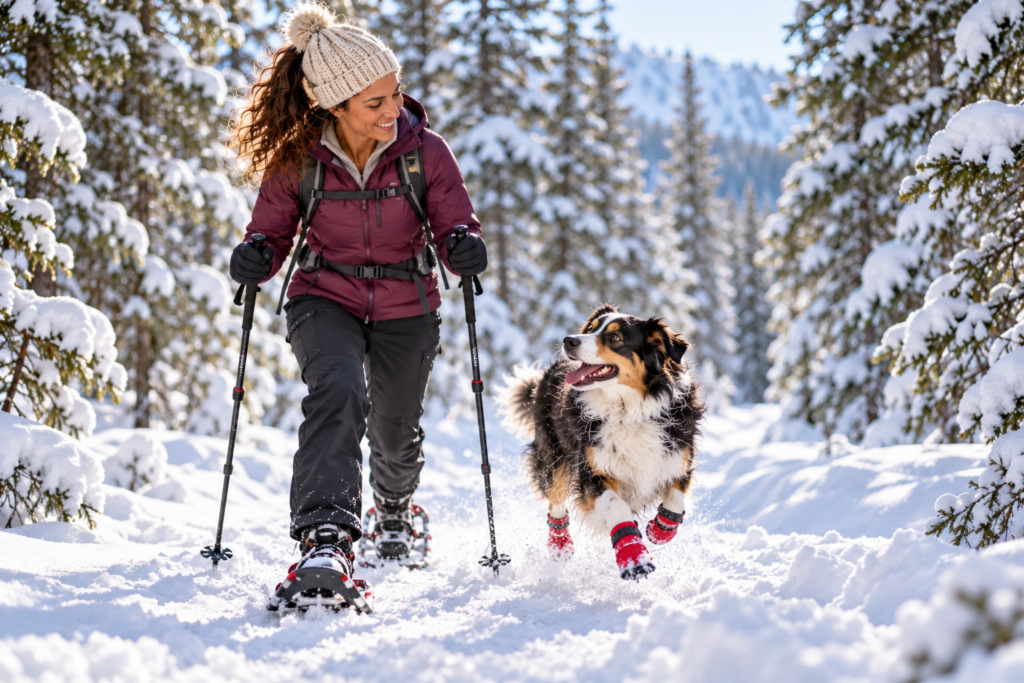 Person snowshoeing on a snowy forest trail with a happy dog in booties bounding beside them.