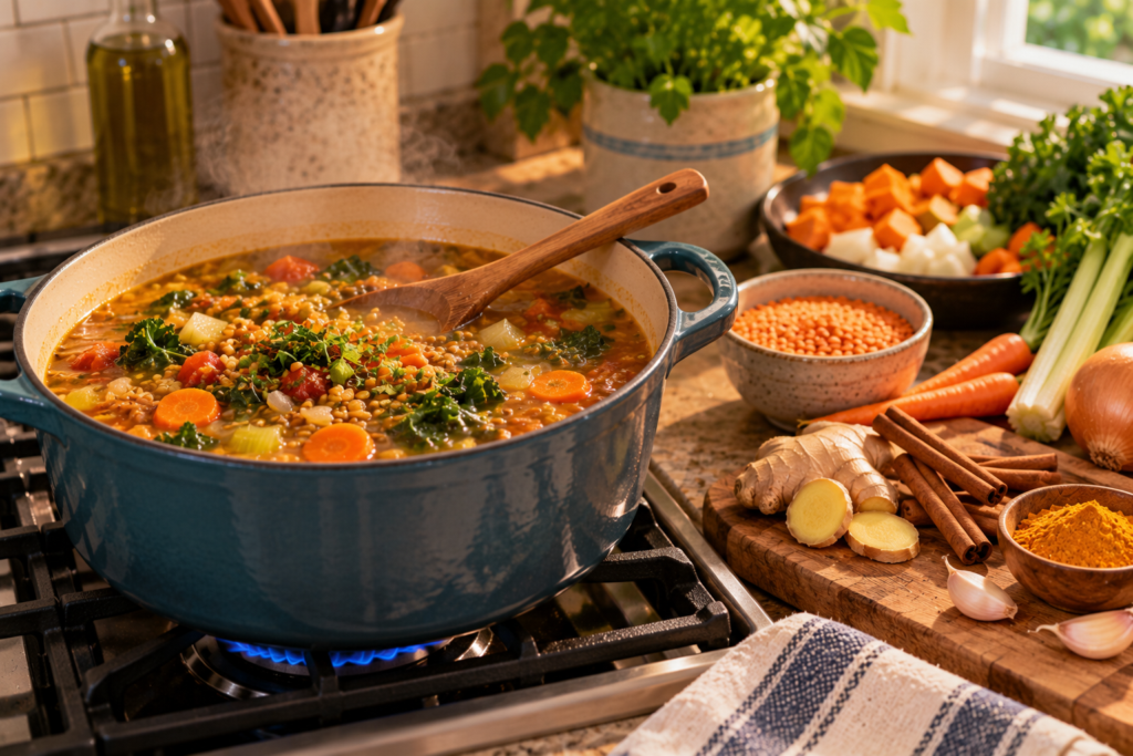 Pot of vegetable soup simmering on a stove with ginger, cinnamon sticks, and turmeric on the counter.