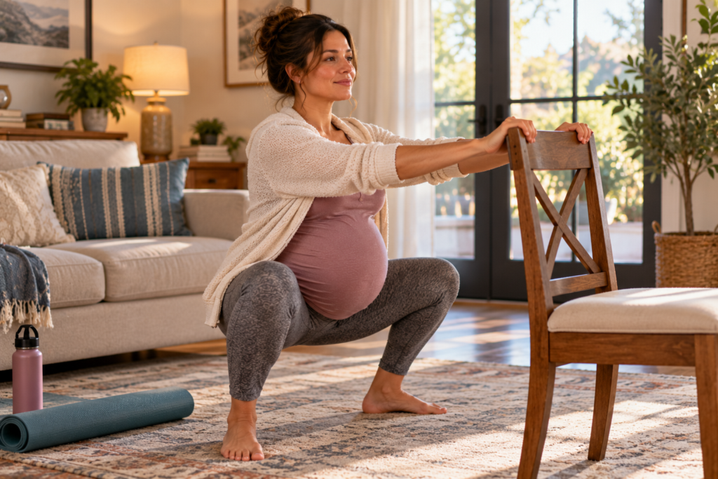 Pregnant person doing a gentle supported squat while holding the back of a sturdy chair.