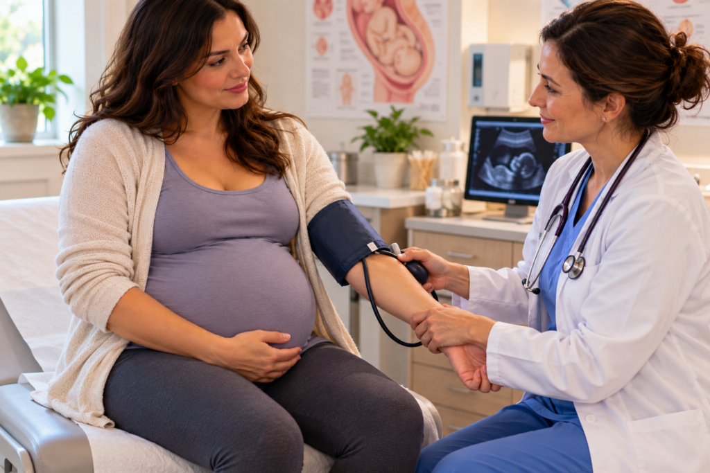 Pregnant person seated in an exam room while a doctor checks their blood pressure during a prenatal visit.