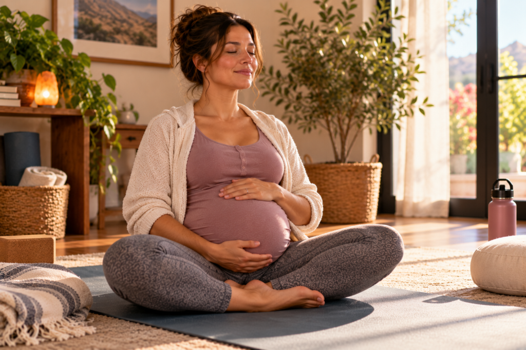 Pregnant person sitting cross-legged on a yoga mat with eyes closed, breathing slowly.