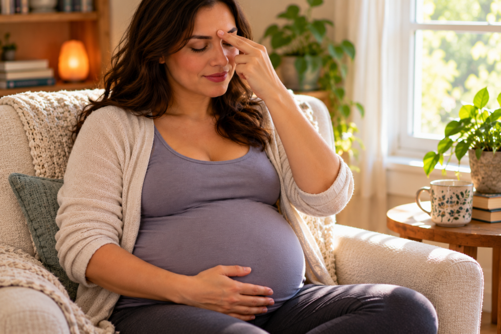 Pregnant person sitting with their eyes closed, gently pressing Yintang between the eyebrows with one fingertip.