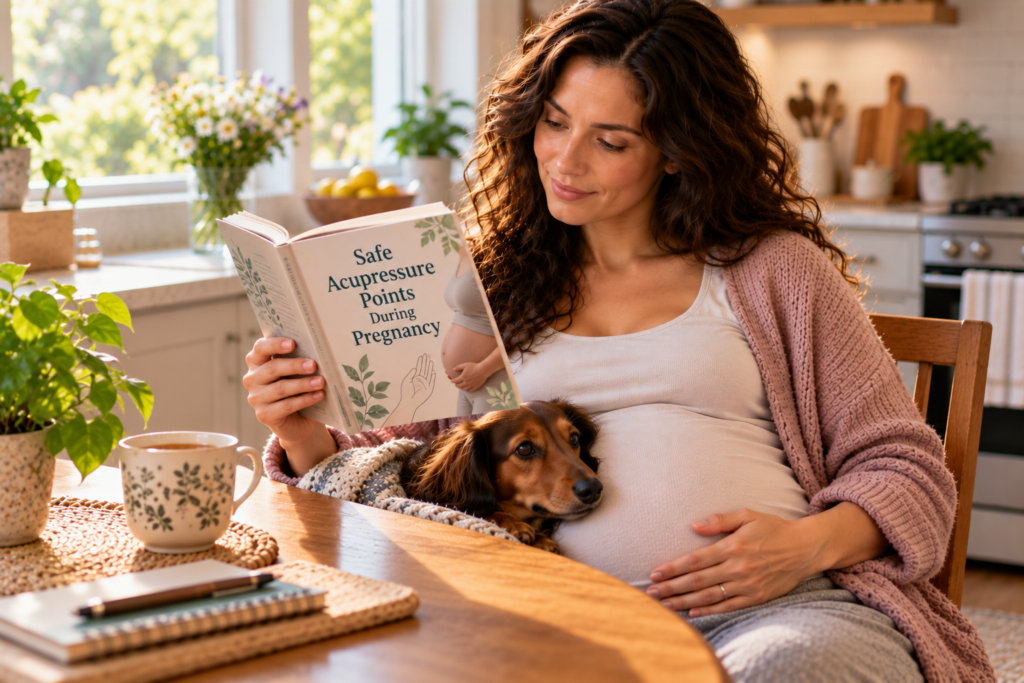 Pregnant person sitting at a kitchen table reading on a tablet about which acupressure points are safe during pregnancy.