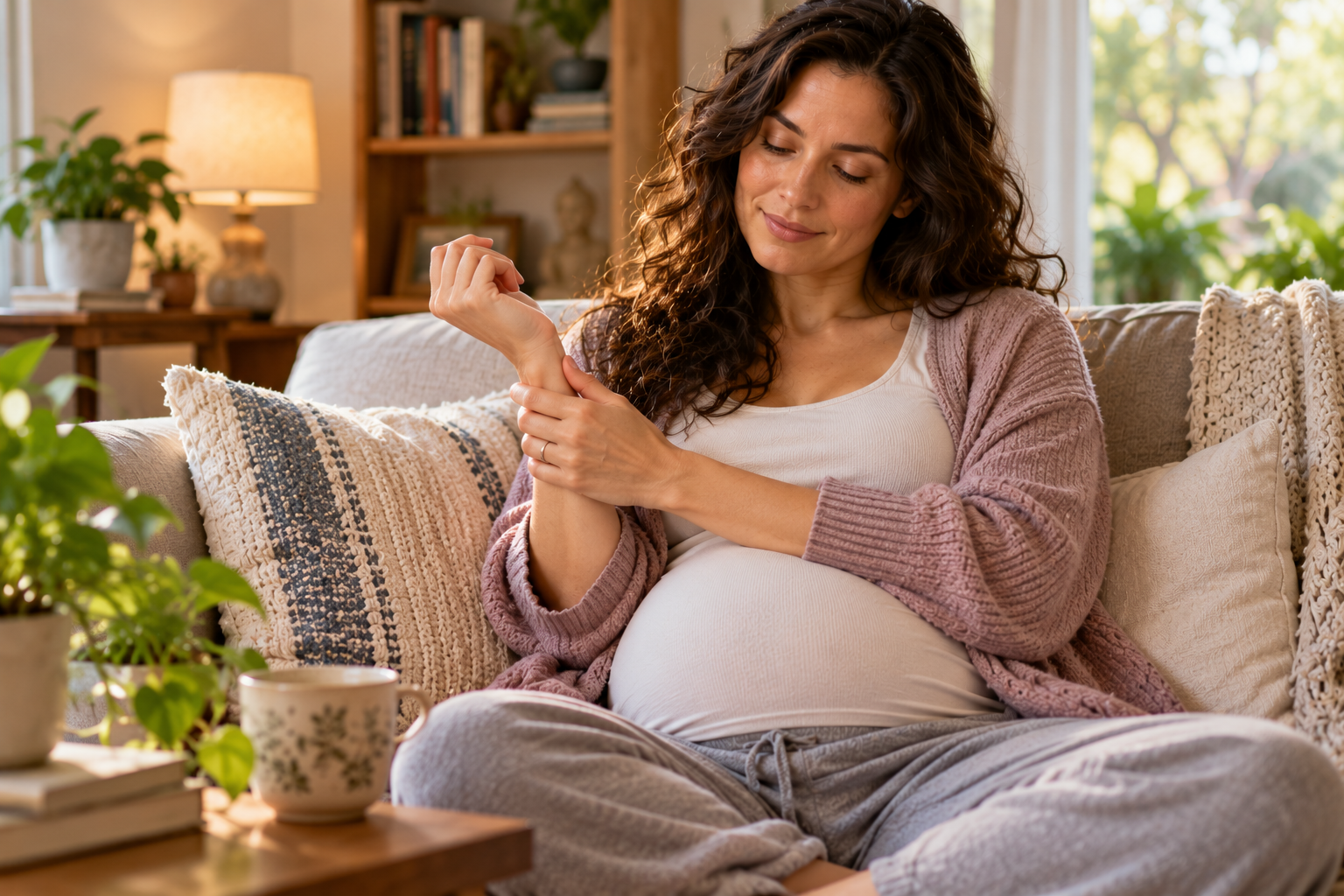 Pregnant person sitting comfortably on a couch with one hand resting on their belly and the other gently holding their wrist.