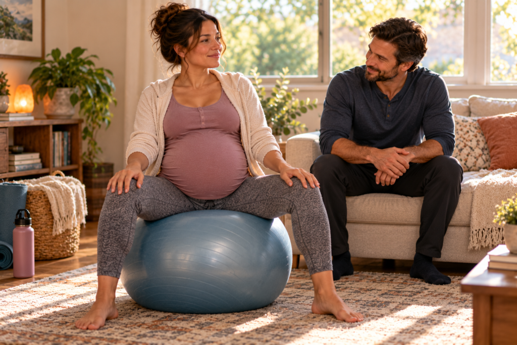 Pregnant person sitting on a large exercise ball with feet wide apart, gently rocking the hips.