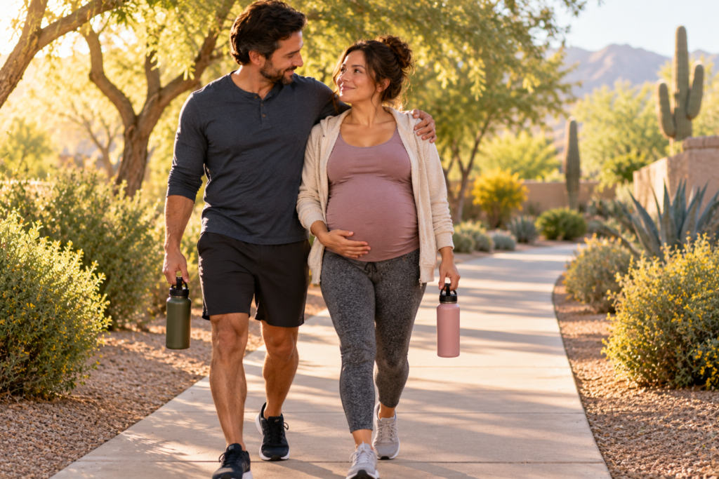 Pregnant person walking along a shaded neighborhood path in the early morning with a water bottle.