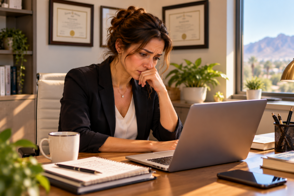 Professional woman sitting alone in her private office, looking anxious and doubtful while working on her laptop, with framed achievement certificates displayed on the wall behind her.
