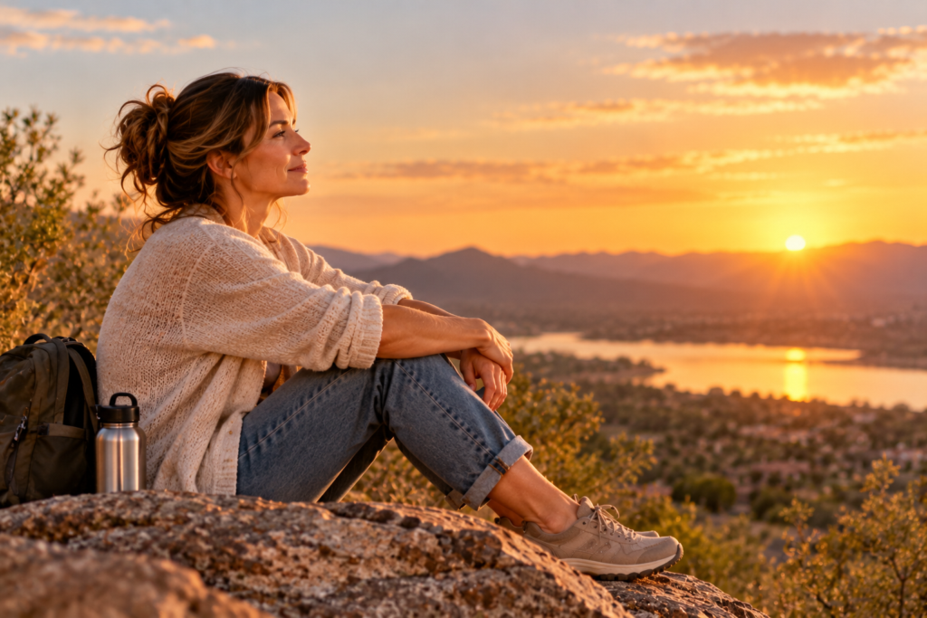 Woman sitting peacefully on a hillside at sunset, looking across a quiet landscape with a relaxed expression.