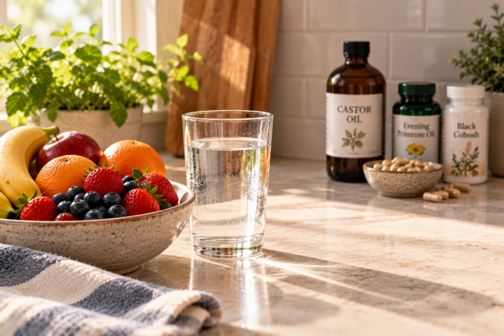Bottle of castor oil and a small bowl of herbal capsules set aside on a counter.