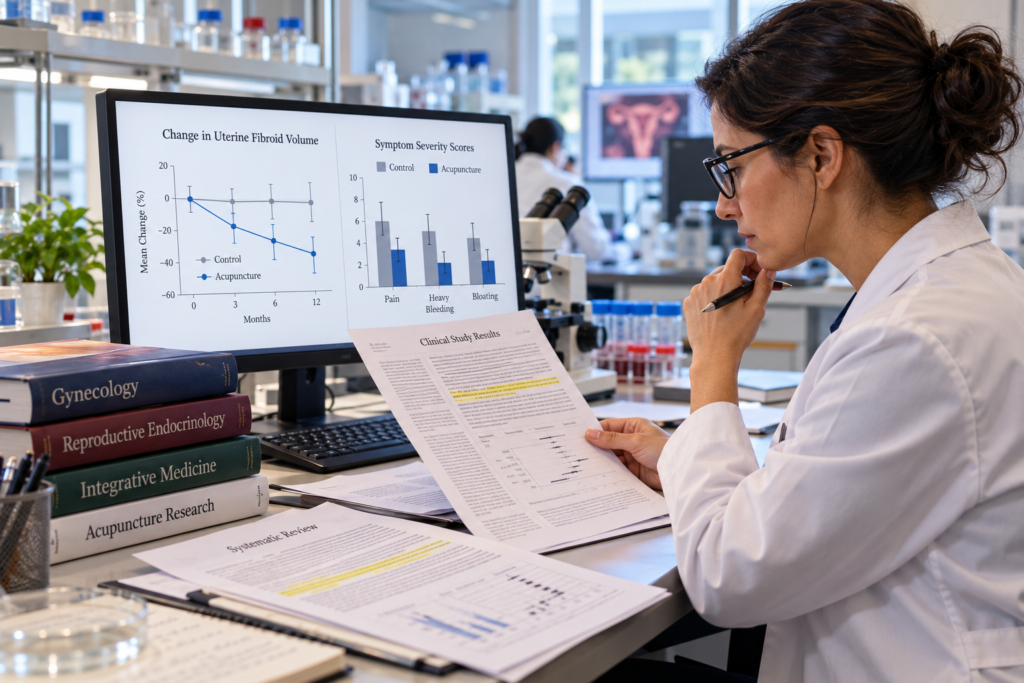 Researcher at a desk reviewing charts and printed study results on a laptop and paper.