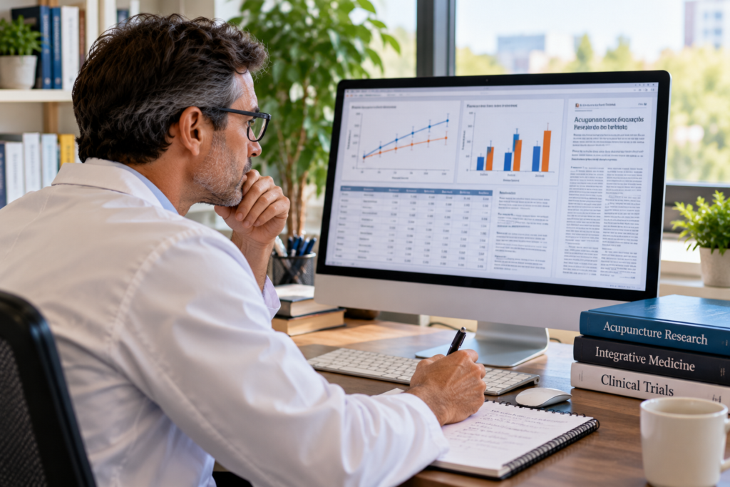 Researcher in a bright office reviewing charts and clinical trial data on a computer screen.
