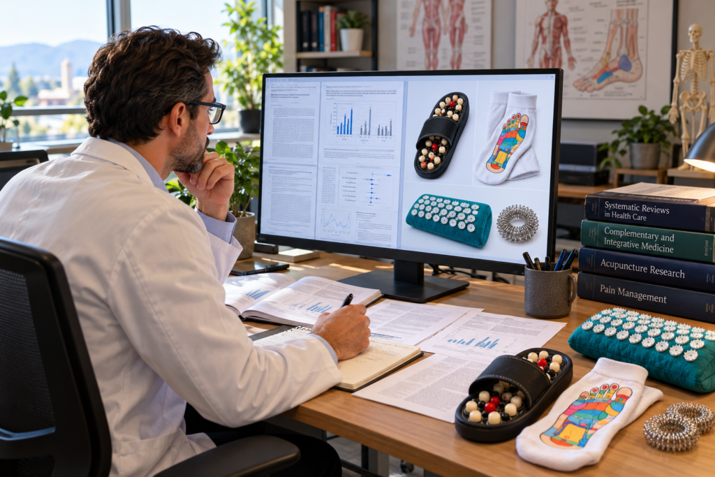 Male researcher in a white lab coat reviewing scientific studies and charts on acupressure slippers, reflexology socks, acupressure pillows, and finger rings at his desk.
