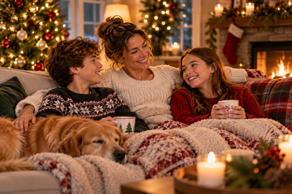 Woman relaxing on a cozy couch with family, laughing together under a blanket in holiday light.