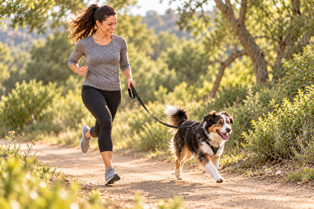 Person and athletic dog running together on a dirt trail, both mid-stride.