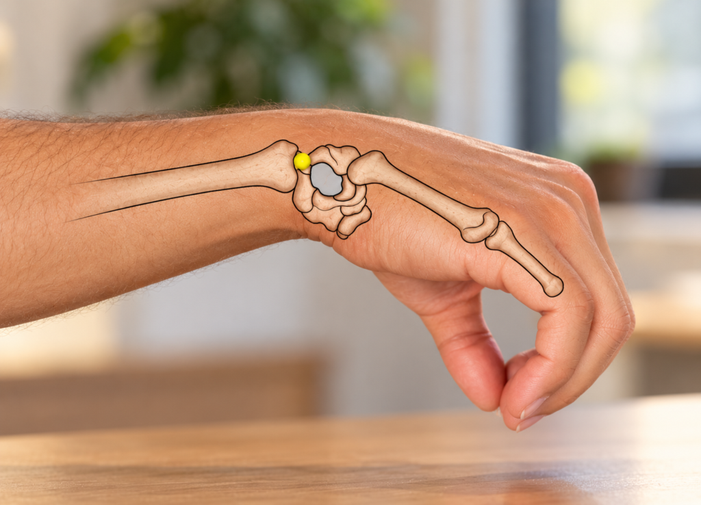 Close-up of the pinky side of the hand, with a yellow dot marking SI4 in the hollow just before the wrist.