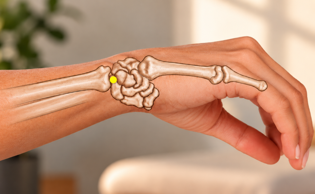 Close-up of the pinky side of the wrist, with a yellow dot marking SI5 in the hollow just beyond the round bony bump of the forearm.