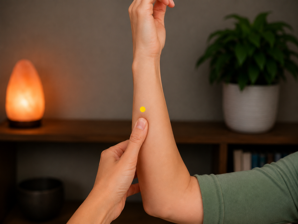 Close-up of the pinky-side edge of the forearm, with a yellow dot marking SI7 along the forearm bone.