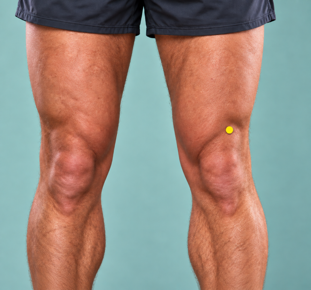 Close-up of the front of the thigh and knee, with a yellow dot marking ST34 above the outer upper corner of the kneecap.