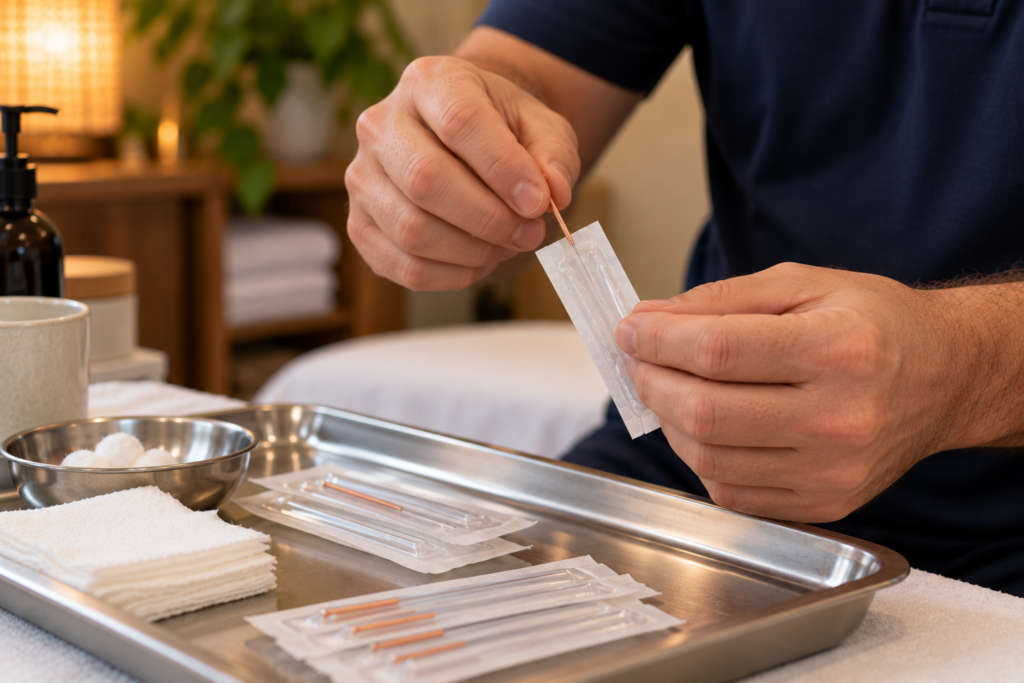 Acupuncturist opening a sterile, individually packaged acupuncture needle over a clean clinical tray.