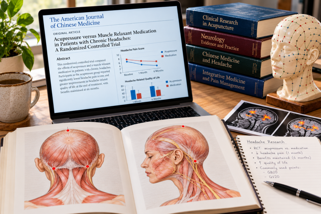 Modern research desk featuring a clinical study comparing acupressure with muscle relaxant medication for chronic headaches, anatomical head illustrations, treatment outcome graphs, and an acupuncture model.