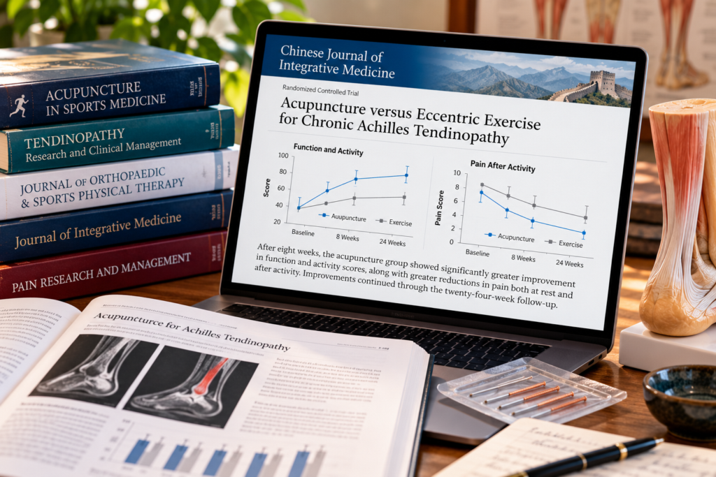 Modern research desk featuring a clinical study comparing acupuncture with eccentric calf exercises for Achilles tendinopathy, treatment outcome graphs, anatomical ankle model, and acupuncture needles.
