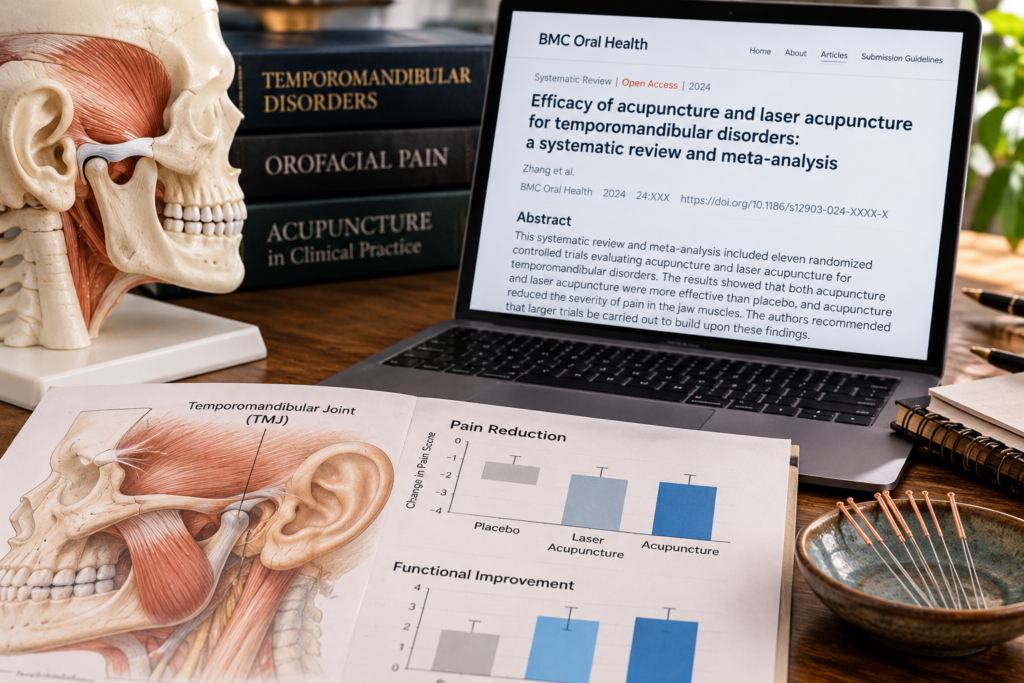 Modern research desk featuring a clinical study on acupuncture for temporomandibular disorders, an anatomical jaw model, acupuncture needles, and graphs comparing treatment outcomes.