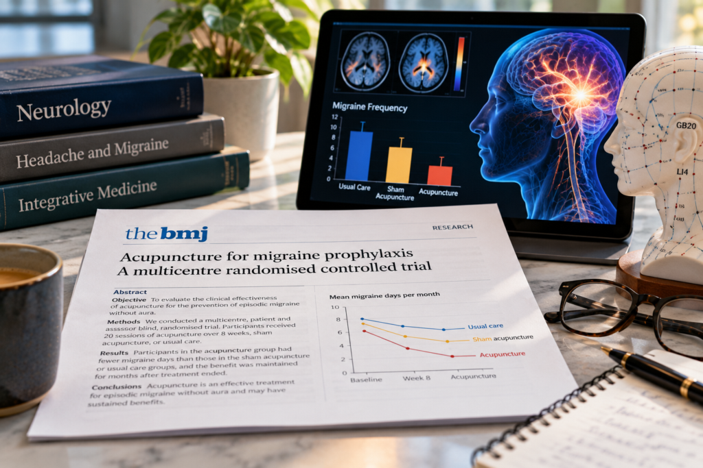Modern research desk featuring a BMJ clinical study on acupuncture for migraine prevention, brain imaging, comparative treatment charts, and an acupuncture head model.