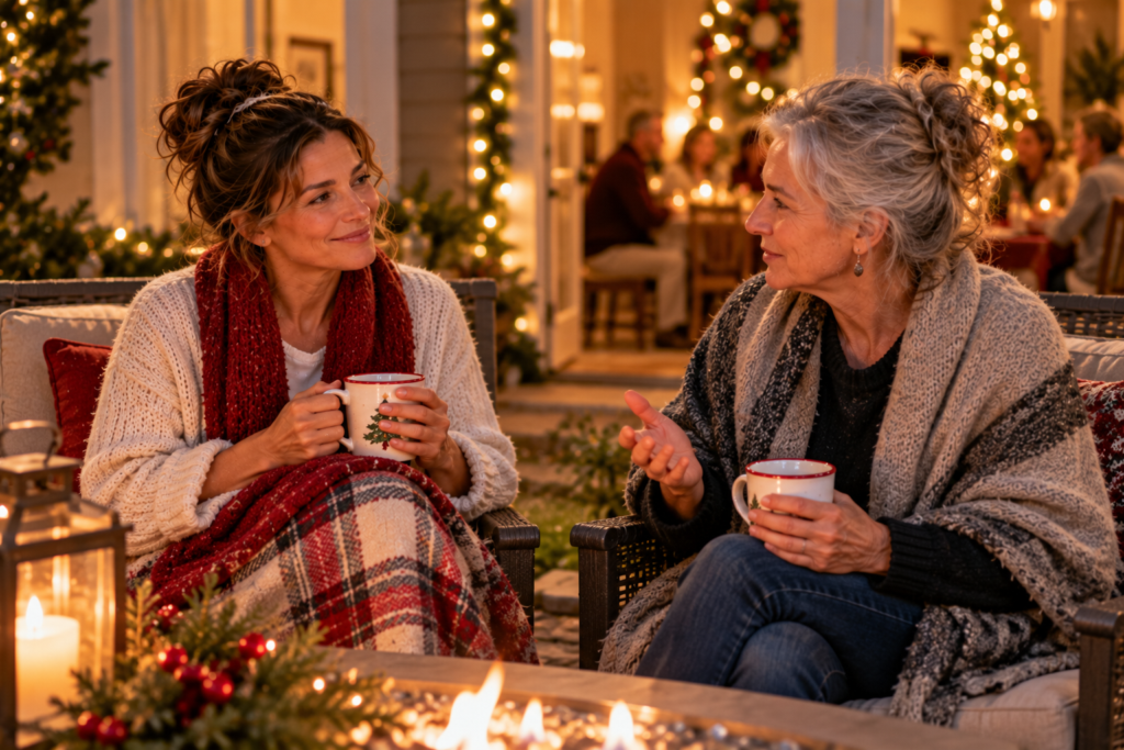 Two adult relatives sharing a calm, conciliatory moment on a patio during a holiday gathering.