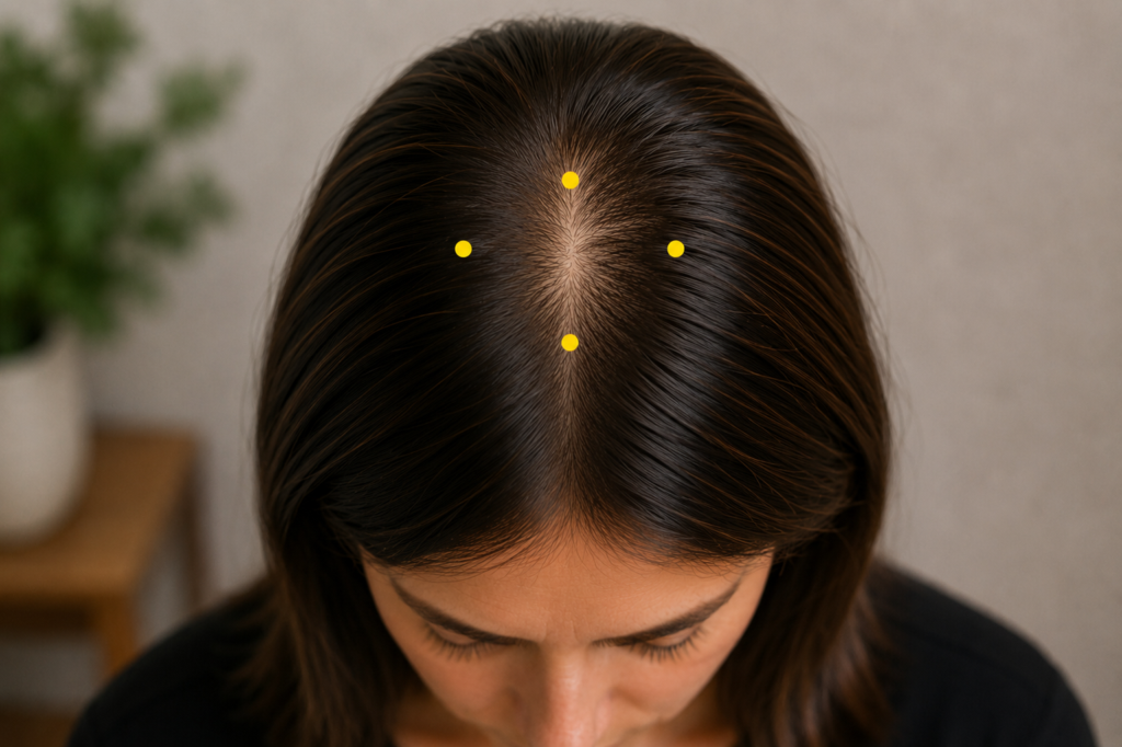 Top view of a person’s head, with four yellow dots marking Sishencong around the crown.
