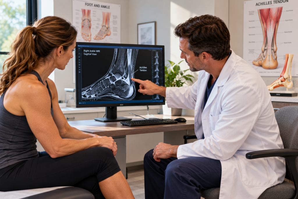 Sports medicine doctor pointing to the Achilles tendon on an ankle MRI while discussing the findings with a female patient in a modern medical clinic.