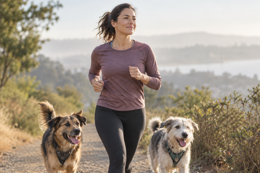 Woman jogging outdoors with her two mixed-breed dogs while managing asthma symptoms.