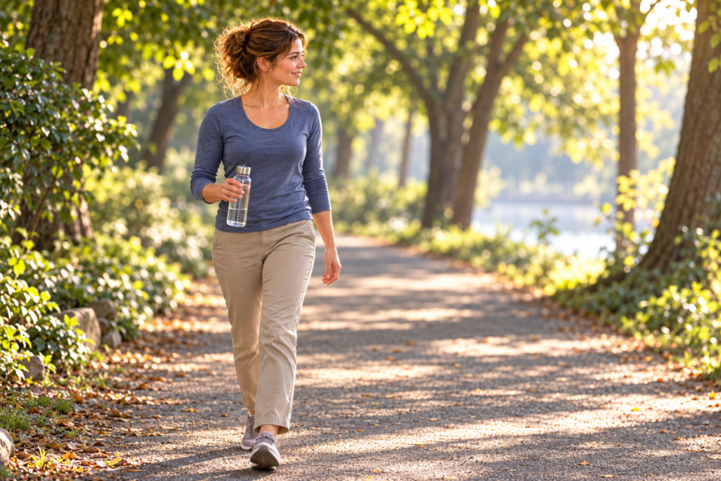 Woman walking steadily along a shaded path on a cool morning, relaxed and smiling, water bottle in hand.