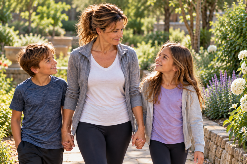 Woman walking comfortably through a sunny garden with her son and daughter, smiling at her daughter.