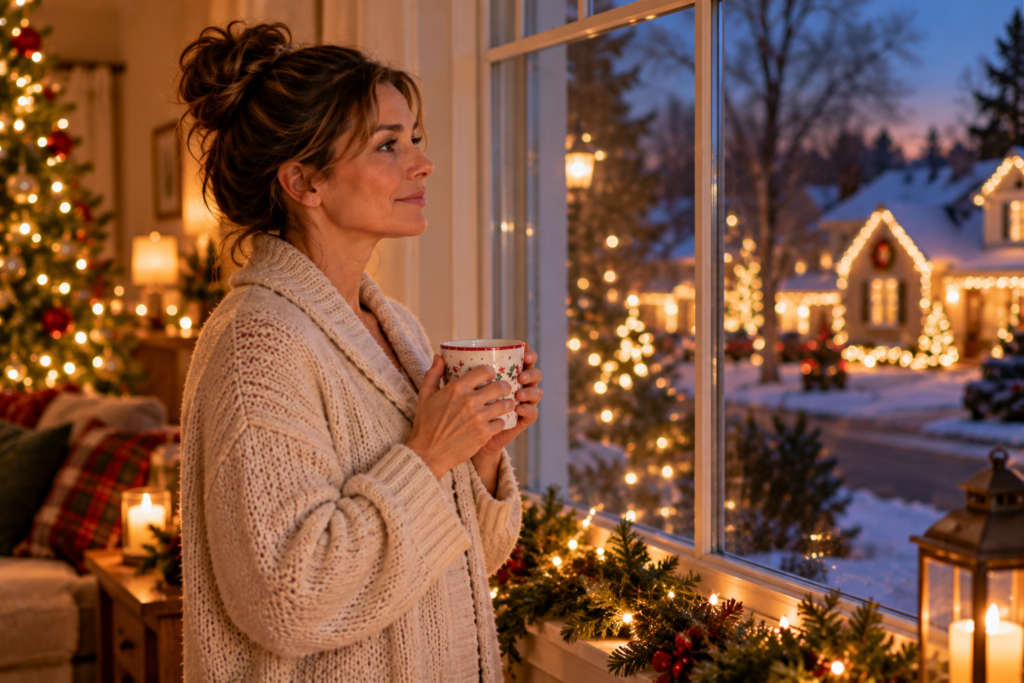 Person standing at a window on a winter evening, looking calmly out at neighborhood holiday lights.