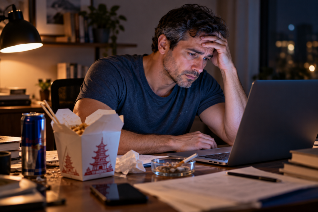 Person working late at a desk lit by a laptop screen, with takeout food, an energy drink, and an ashtray nearby, illustrating lifestyle factors behind erectile dysfunction.